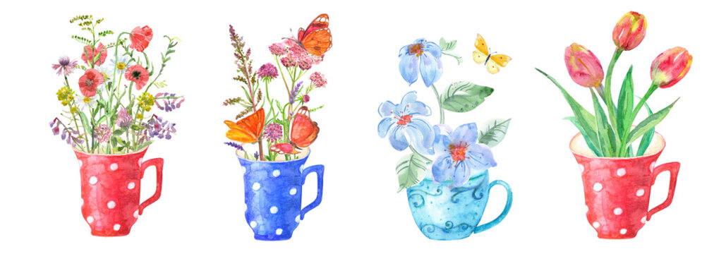 watercolor set of cups with flowers. collection of bouquets with butterflies. wildflowers, tulips