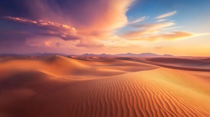 A serene desert landscape at sunset with rolling sand dunes and colorful skies.