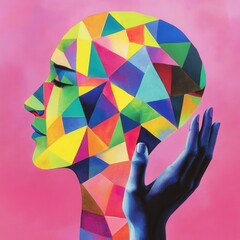 A person holding a vibrant, geometric illustration of a human head, symbolizing mental health awareness and the diversity of thought.