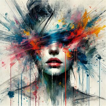 Abstract woman portrait with vibrant brushstrokes covering face. Artistic expression, contemporary style. Mixed media grunge collage, ink splatter. Anxiety, headache, mental disorder illustration

