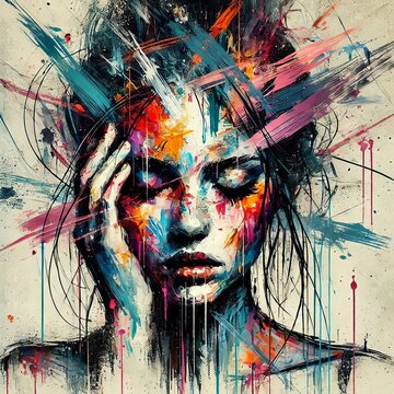 Abstract woman portrait with vibrant brushstrokes covering face. Artistic expression, contemporary style. Mixed media grunge collage, ink splatter. Anxiety, headache, mental disorder illustration
