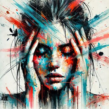 Abstract woman portrait with vibrant brushstrokes covering face. Artistic expression, contemporary style. Mixed media grunge collage, ink splatter. Anxiety, headache, mental disorder illustration
