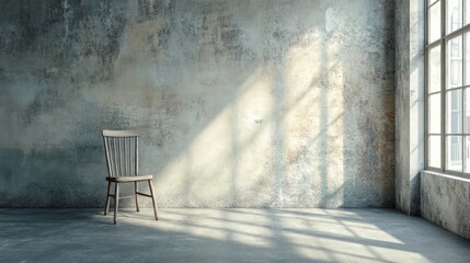A solitary chair in a sunlit, textured room, evoking calmness and reflection.