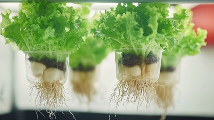 Fototapeta premium Hydroponic lettuce plants growing with visible roots in a modern indoor setup.
