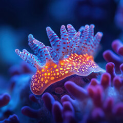 Vibrant Coral Reef Underwater Scene Featuring Colorful Sea Slug with Bioluminescent Patterns and Delicate Coral Structures in Deep Blue Ocean Environment