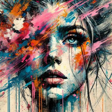 Abstract woman portrait with vibrant brushstrokes covering face. Artistic expression, contemporary style. Mixed media grunge collage, ink splatter. Anxiety, headache, mental disorder illustration

