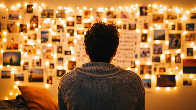 A person staring at a vision board pinned on a wall filled with images and quotes, inspiring and cozy home setting, warm tones.