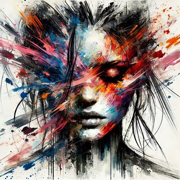 Abstract woman portrait with vibrant brushstrokes covering face. Artistic expression, contemporary style. Mixed media grunge collage, ink splatter. Anxiety, headache, mental disorder illustration
