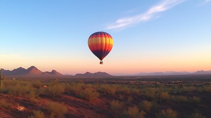 Obraz premium A colorful hot air balloon floats over a serene desert landscape at sunset.