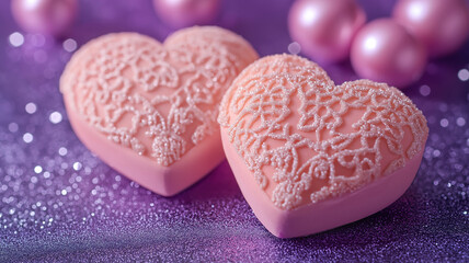 Obraz premium Two soft pink hearts with lace on a purple glitter background creating a Valentine's Day