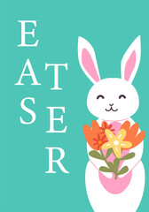 Easter bunny holding colorful flowers on teal background. Easter abstract modern geometry card.