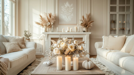Elegant living room decorated for high holiday season with burning candles and flowers