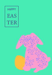 Colorful easter greeting card with floral pink bunny and golden egg.