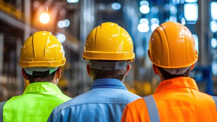 Workers in safety helmets observe a warehouse environment, emphasizing safety and teamwork in an industrial setting.