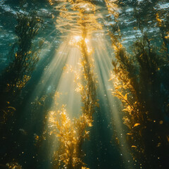 Ethereal Underwater Scene with Sunlight Filtering Through Kelp in an Ocean Environment, Capturing the Tranquility and Beauty of Marine Life