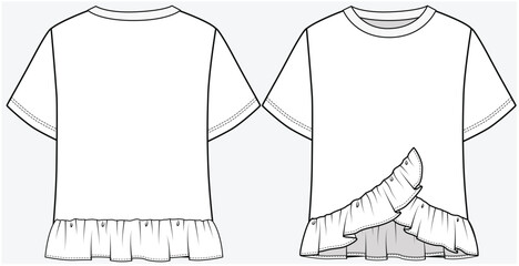 asymmetric, blouse, button, casual, casual wear, crew neck, crop top, design, drawing, fashion, fashion design, flat, flat sketch, flat sketches, flats, frill, girl fashion, girls, girls blouse, girls