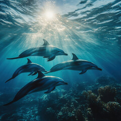 Naklejka premium Graceful Dolphins Swimming Through Sunlit Waters in Vibrant Coral Reef Environment, Showcasing the Beauty of Marine Life and Underwater Ecosystem