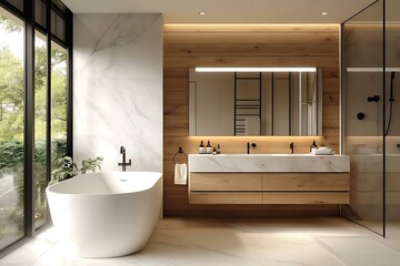 Fototapeta premium Modern Luxury Bathroom Design with Marble and Wood