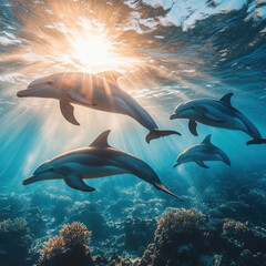 Underwater Scene with Dolphins Swimming Gracefully Above Coral Reefs in Vibrant Blue Ocean Water Surrounded by Sunlight and Marine Life Creating a Magical Seascape