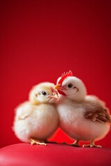 Two chickens standing on a table with a big red heart with empty space for text, vertical