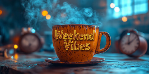 Steaming coffee cup embracing weekend vibes on cozy table