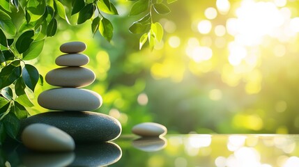 Obraz premium Serenity of Stacked Stones with Green Leaves and Sunlight
