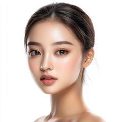 Fototapeta premium A close-up portrait of a young woman with flawless skin and delicate features, set against a clean white background.