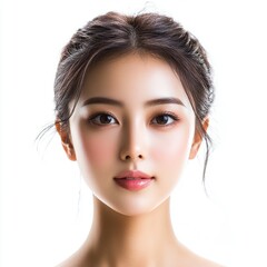 Fototapeta premium A close-up portrait of a young woman with flawless skin and delicate features, set against a clean white background.