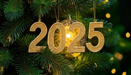 2025 new year celebration ornament hanging on christmas tree 