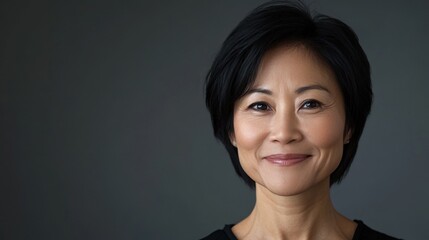 Fototapeta premium A portrait of an Asian woman with dark short hair, posing with a kind smile against a gray background.