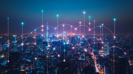 Smart digital city with connection cyber security network reciprocity over the cityscape . future smart wireless digital city and social media networking systems that connects people within the city