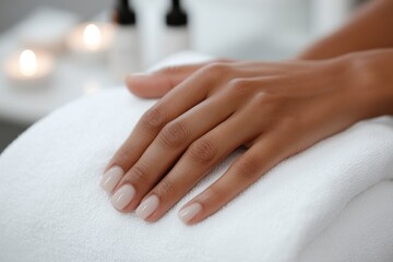 This image features elegantly manicured hands resting on a fluffy towel, highlighting a soothing and tranquil beauty experience in a spa-like environment.