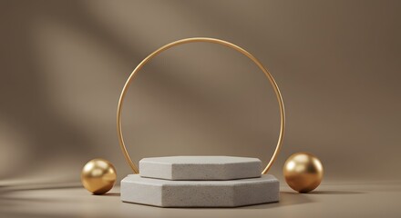 Obraz premium 3d render, natural hexagon podium concept, mockup, template, stone podium display in wall shadow background. Scene for product display. Realistic podium Illustration.