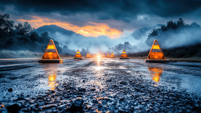 Traffic cones mark alternative route on wet road at sunset, creating dramatic scene