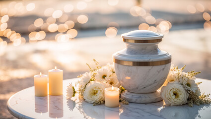 white urn for ashes, flowers, candles in nature