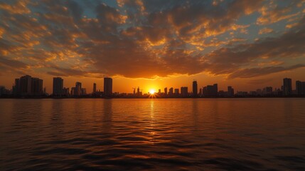 Obraz premium A stunning sunset over a city skyline reflected in water, showcasing natural beauty and urban life.