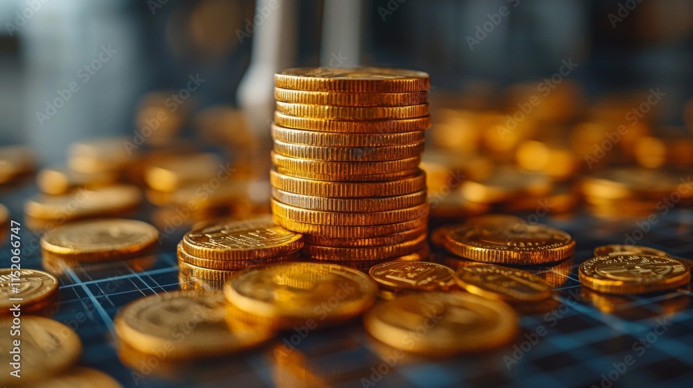 Aufkleber Shiny golden coins are stacked in a neat pile on a table with numerous coins spread out around them, reflecting sunlight and creating an intriguing display.