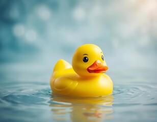 Yellow Rubber Duck Floating on Calm Water with a Soft Background