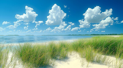 Serene beach scene with tall grass, white sand, calm water, and blue sky with fluffy clouds.