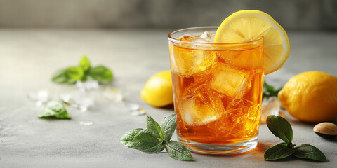 Refreshing iced tea with lemon and mint on a table