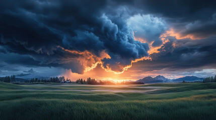 Fototapeta premium Dramatic sunset over grassy field with dark storm clouds and mountains