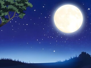 Naklejka premium Blue Full Moon Night Sky lunar tranquil landscape