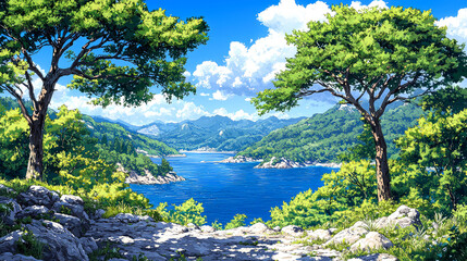 Naklejka premium Serene coastal vista, lush greenery, tranquil bay.
