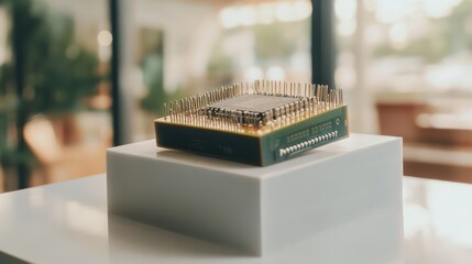 A 3D-printed prototype model of a microchip displayed on a modern background, emphasizing innovation and engineering