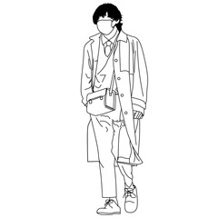 Vector illustration of male idol outfit with suit and bag at the airport.