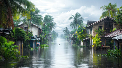 Obraz premium Monsoons bring seasonal flooding to tropical areas, showcasing submerged homes and lush greenery