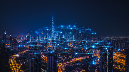 Fototapeta premium Smart digital city with connection cyber security network reciprocity over the cityscape . future smart wireless digital city and social media networking systems that connects people within the city