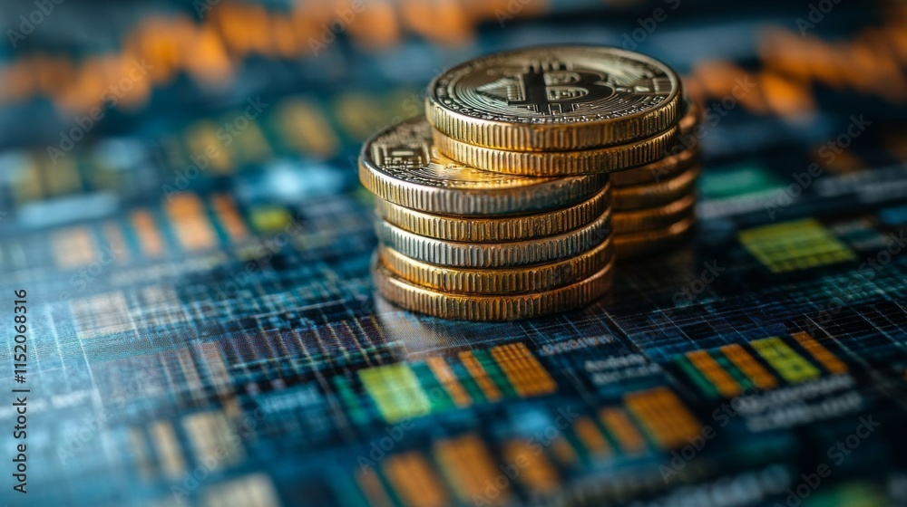 Poster stacks of gold coins symbolize cryptocurrency amidst a digital backdrop of fluctuating financial dat