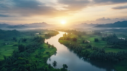 Breathtaking river delta landscape at sunrise, showcasing lush greenery and tranquil waters