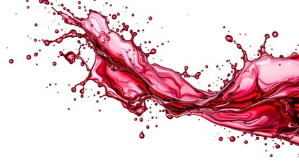 Dynamic splash of red liquid in motion with droplets frozen against a white background, resembling wine or juice. Concept: energy, movement, elegance